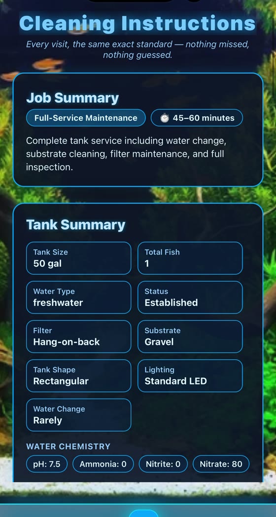 Cleaning Instructions screen with a job and tank summary
