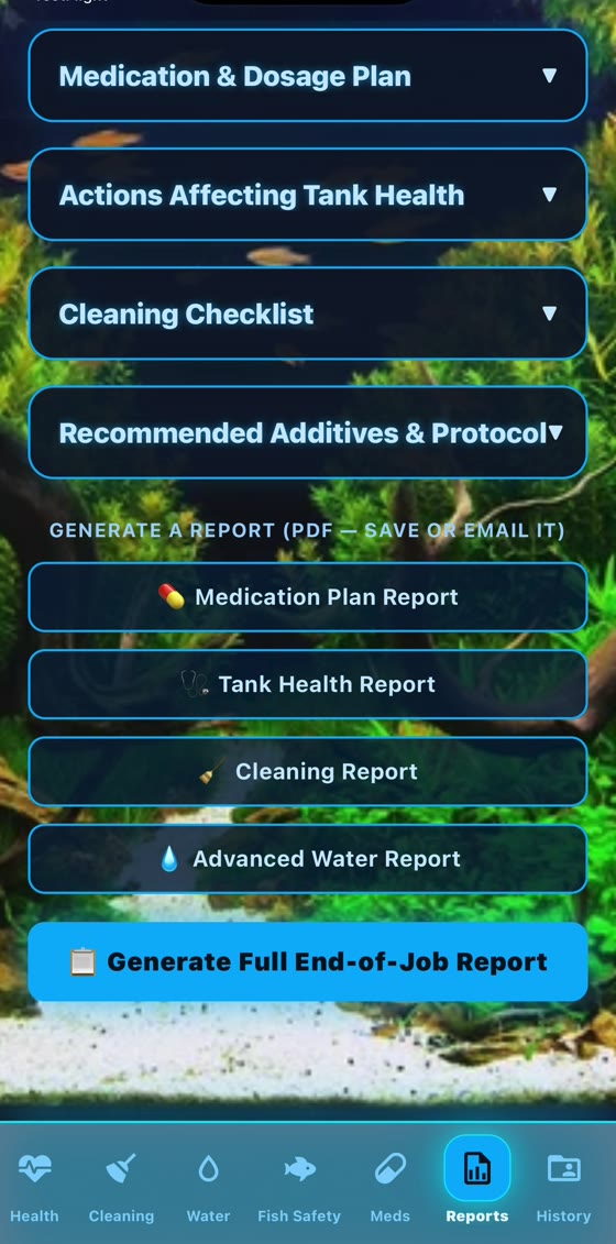Reports screen with medication, tank health, cleaning and water reports